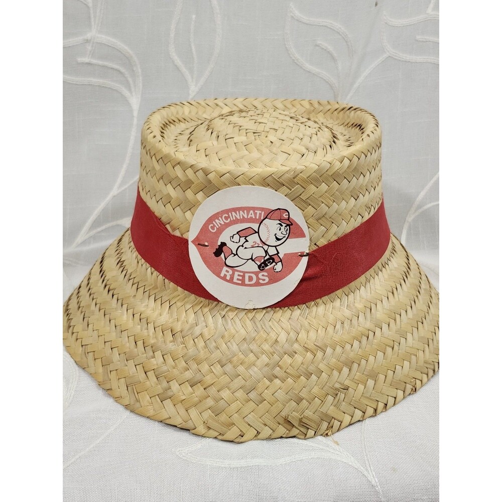 Vintage Cincinnati Reds Straw Cloche Bucket Hat Souviner MLB
